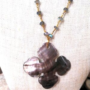 Tahitian Mother Of Pearl & Labradorite Maltese  Cross pendant Necklace. New.